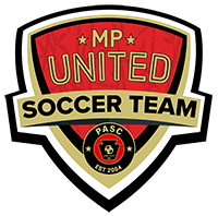 MP United Soccer Team shield logo in red, gold, and black.