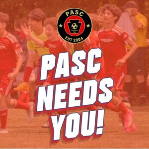Graphic with the PASC logo and large text reading "PASC NEEDS YOU!" over a red-tinted photo of a youth boys soccer team celebrating.